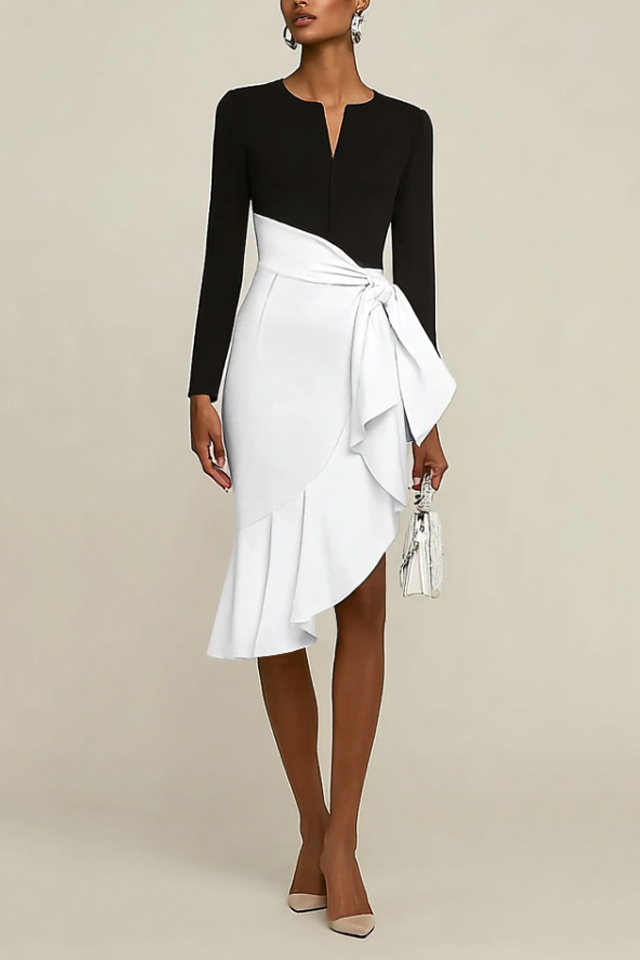 Party Dress​ Black Split Neck Colorblock Ruffle Knee-Length Dress