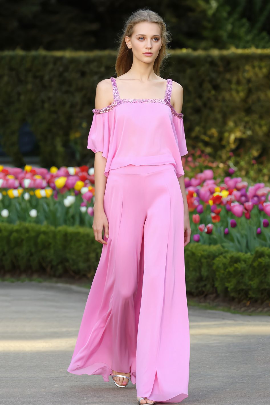 Modern Work Set Pink Spaghetti Strap Chiffon Wide-Leg Pants Set