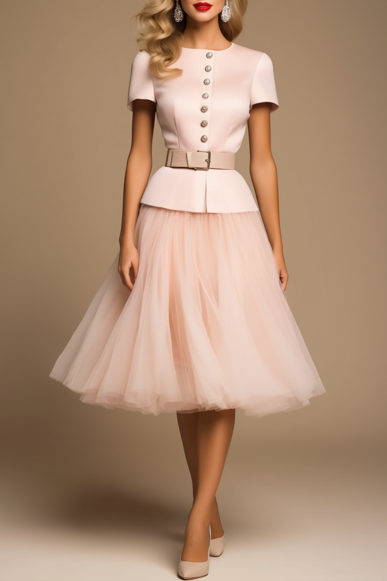 Work Dress​​ Pink Crew Neck Knee Mesh A-Line Satin Dress