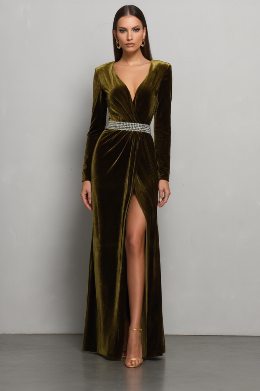 Formal Evening Dress Green V Neck Velvet Belted Maxi Dress