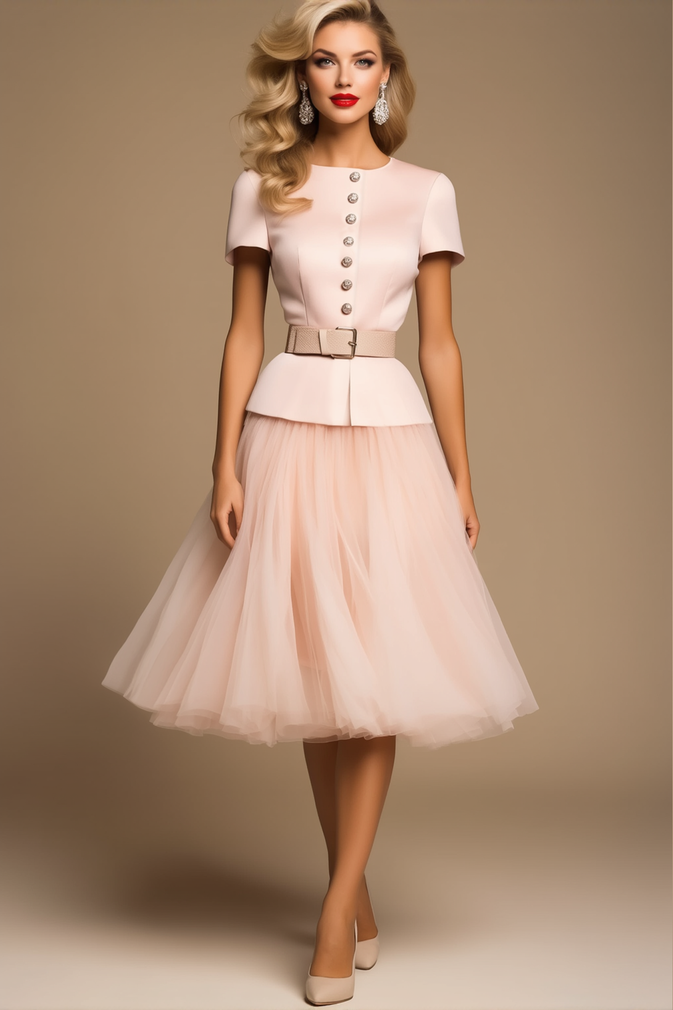 Work Dress​​ Pink Crew Neck Knee Mesh A-Line Satin Dress