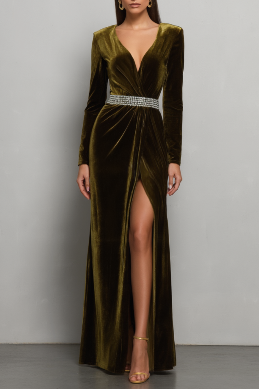 Formal Evening Dress Green V Neck Velvet Belted Maxi Dress
