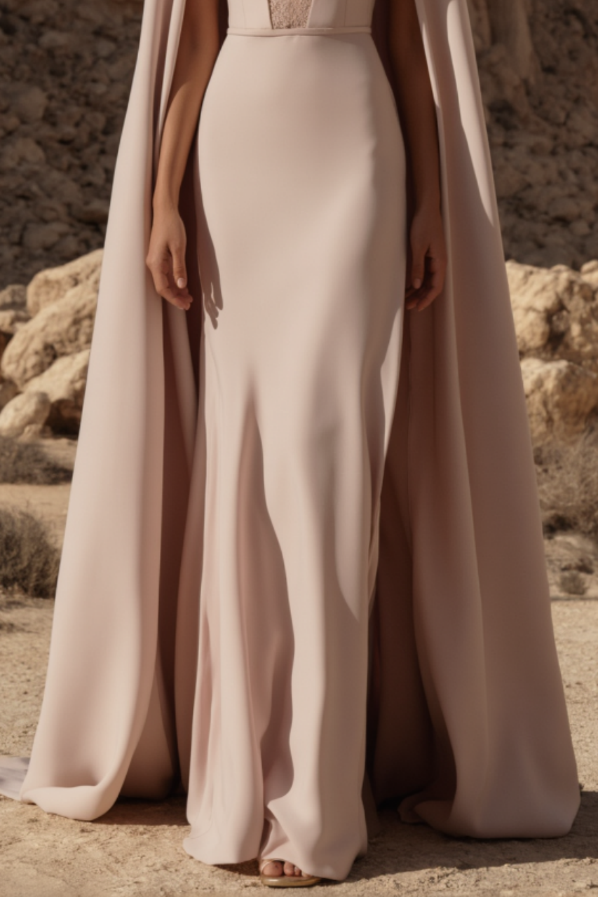 Evening Dress​ Pink Deep V Cape Lace Floor-Length Dress