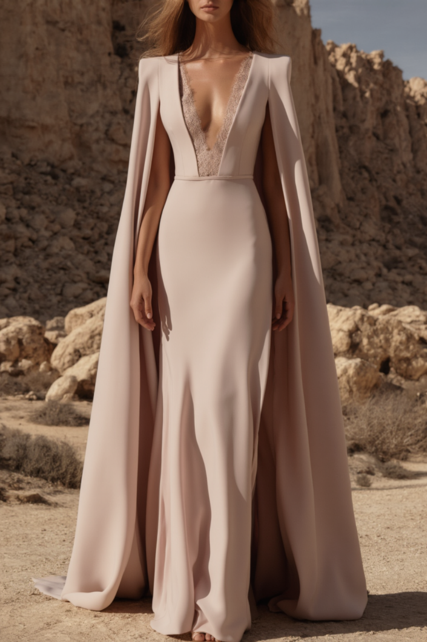 Evening Dress​ Pink Deep V Cape Lace Floor-Length Dress