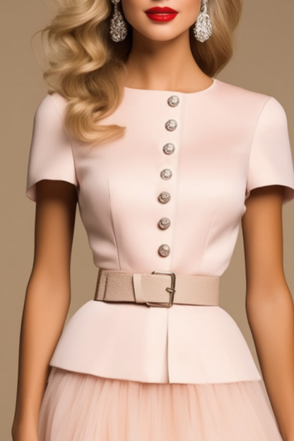 Work Dress​​ Pink Crew Neck Knee Mesh A-Line Satin Dress