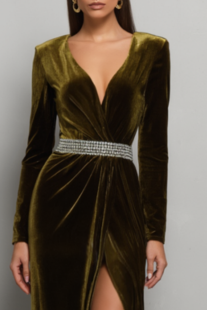 Formal Evening Dress Green V Neck Velvet Belted Maxi Dress
