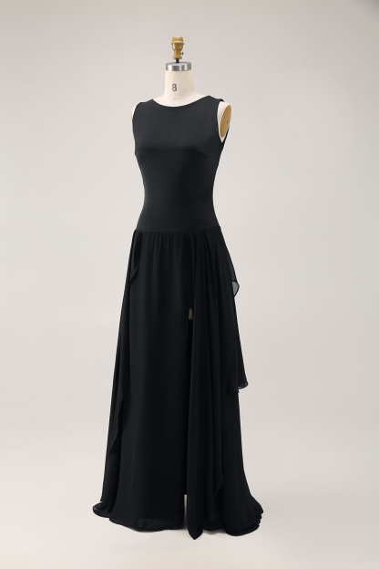Elegant Black Sleeveless Dress High Slits Slim Fit Chic Midi Dress