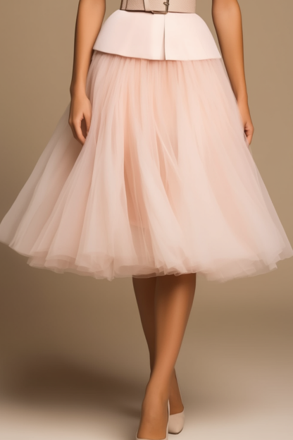 Work Dress​​ Pink Crew Neck Knee Mesh A-Line Satin Dress