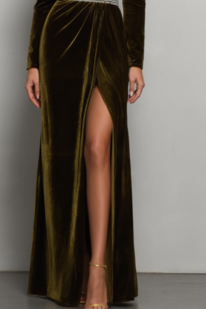 Formal Evening Dress Green V Neck Velvet Belted Maxi Dress