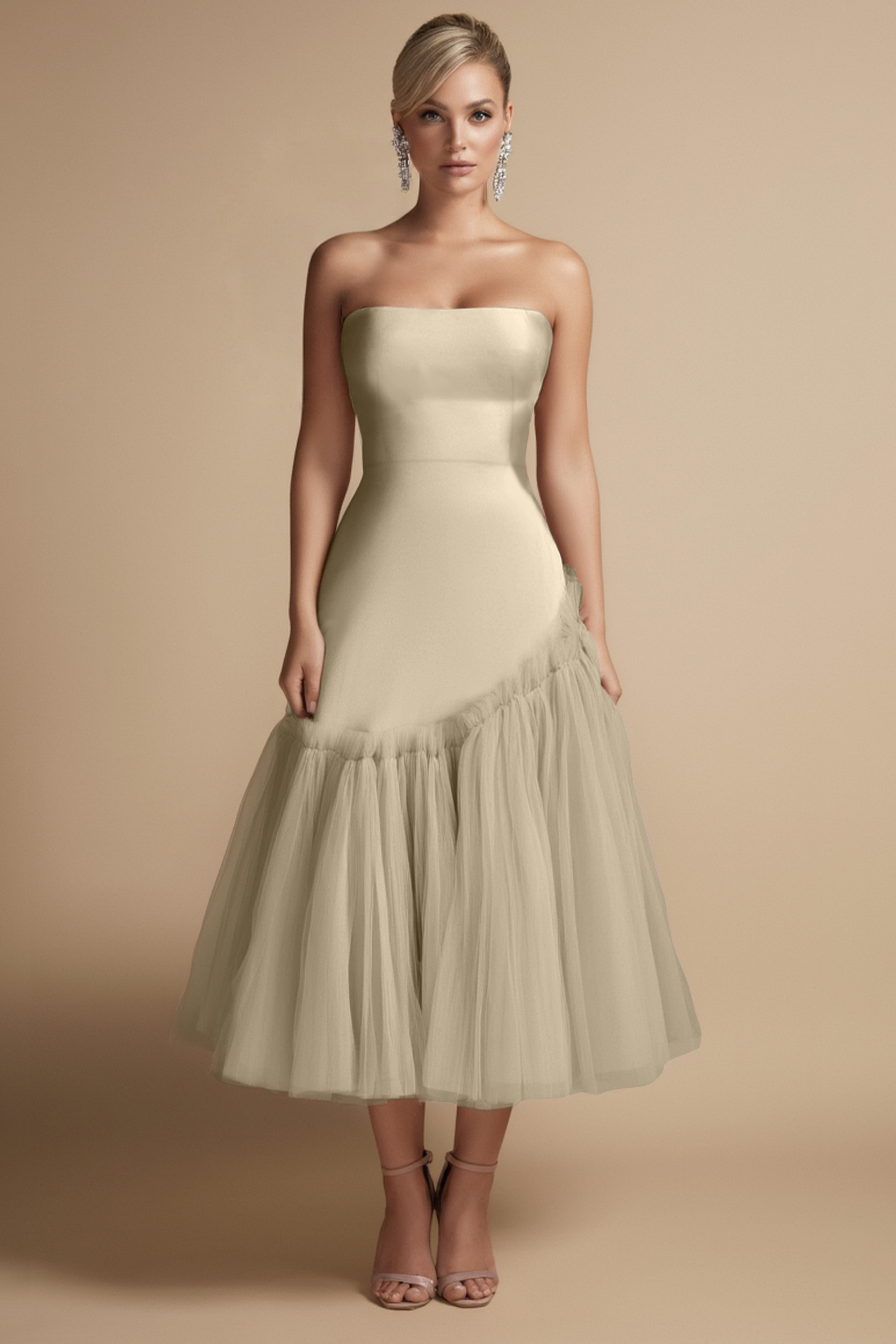 ​Cocktail Dress​ Pink Strapless Mesh Midi Dress