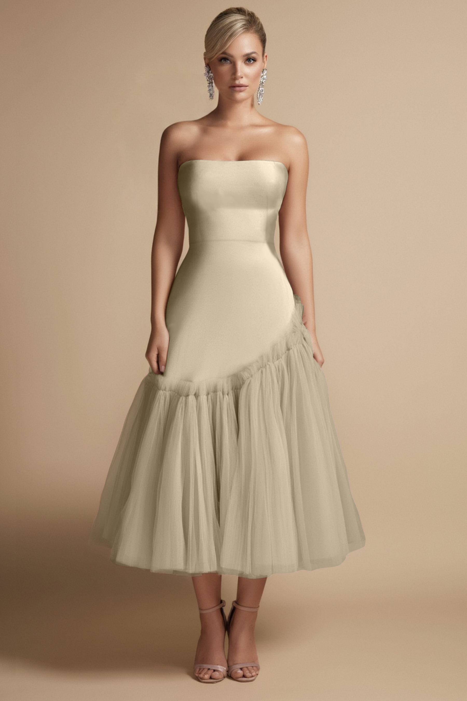 Cocktail Dress Pink Strapless Mesh Midi Dress