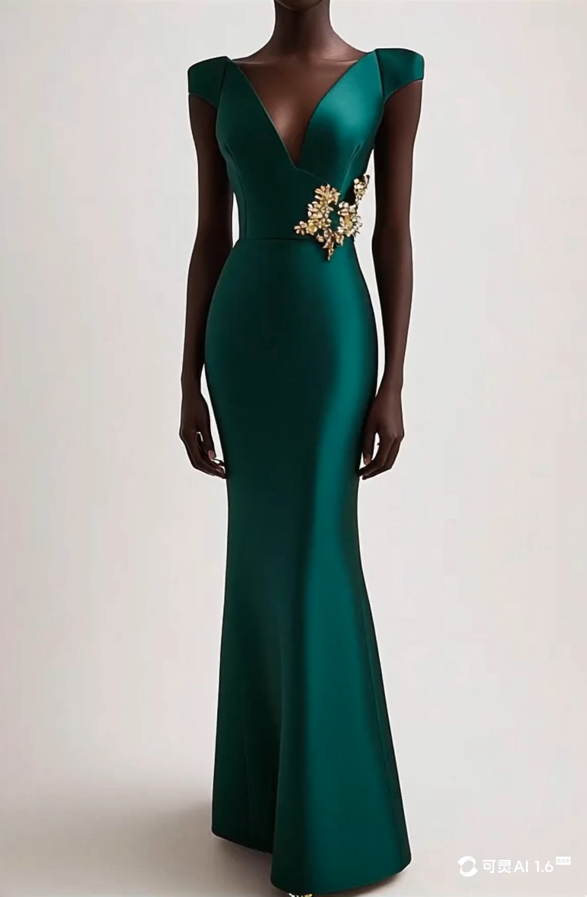 Formal Party Deep V Emerald Green Satin Gold Floral Decoration Maxi Dress Mother of the Bride Dress