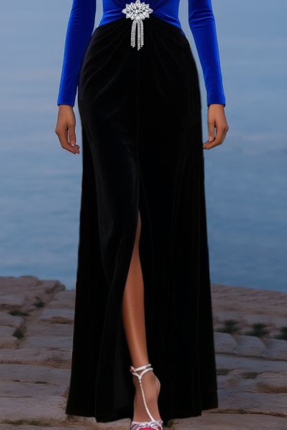 Formal Evening Dress Blue Deep V Slit Maxi Velvet Dress