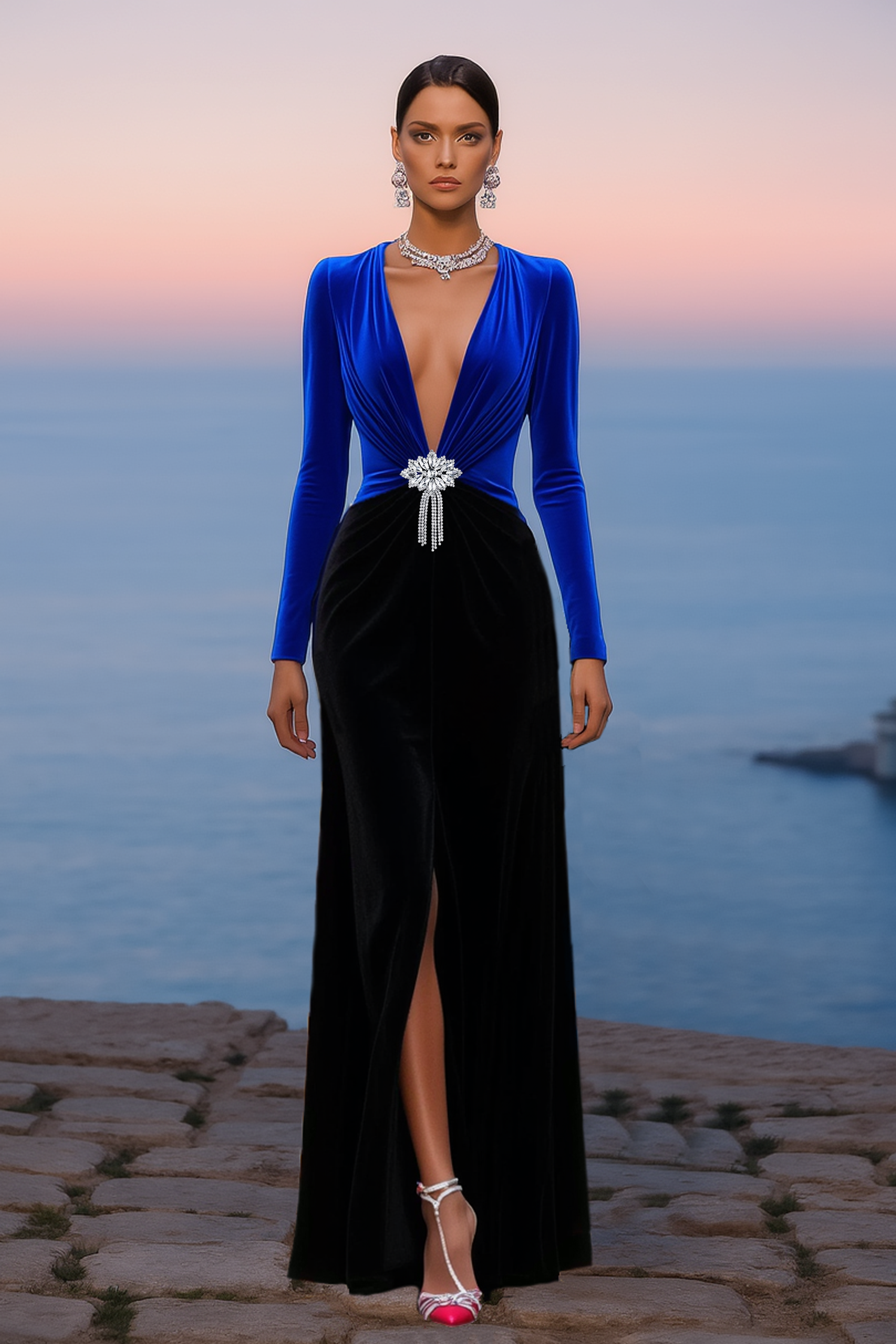 Formal Evening Dress Blue Deep V Slit Maxi Velvet Dress