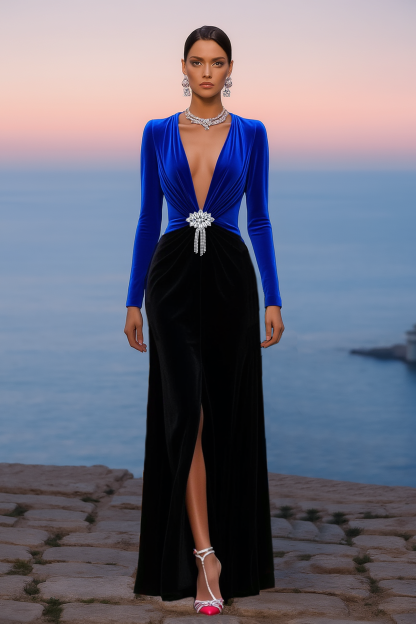 Formal Evening Dress Blue Deep V Slit Maxi Velvet Dress