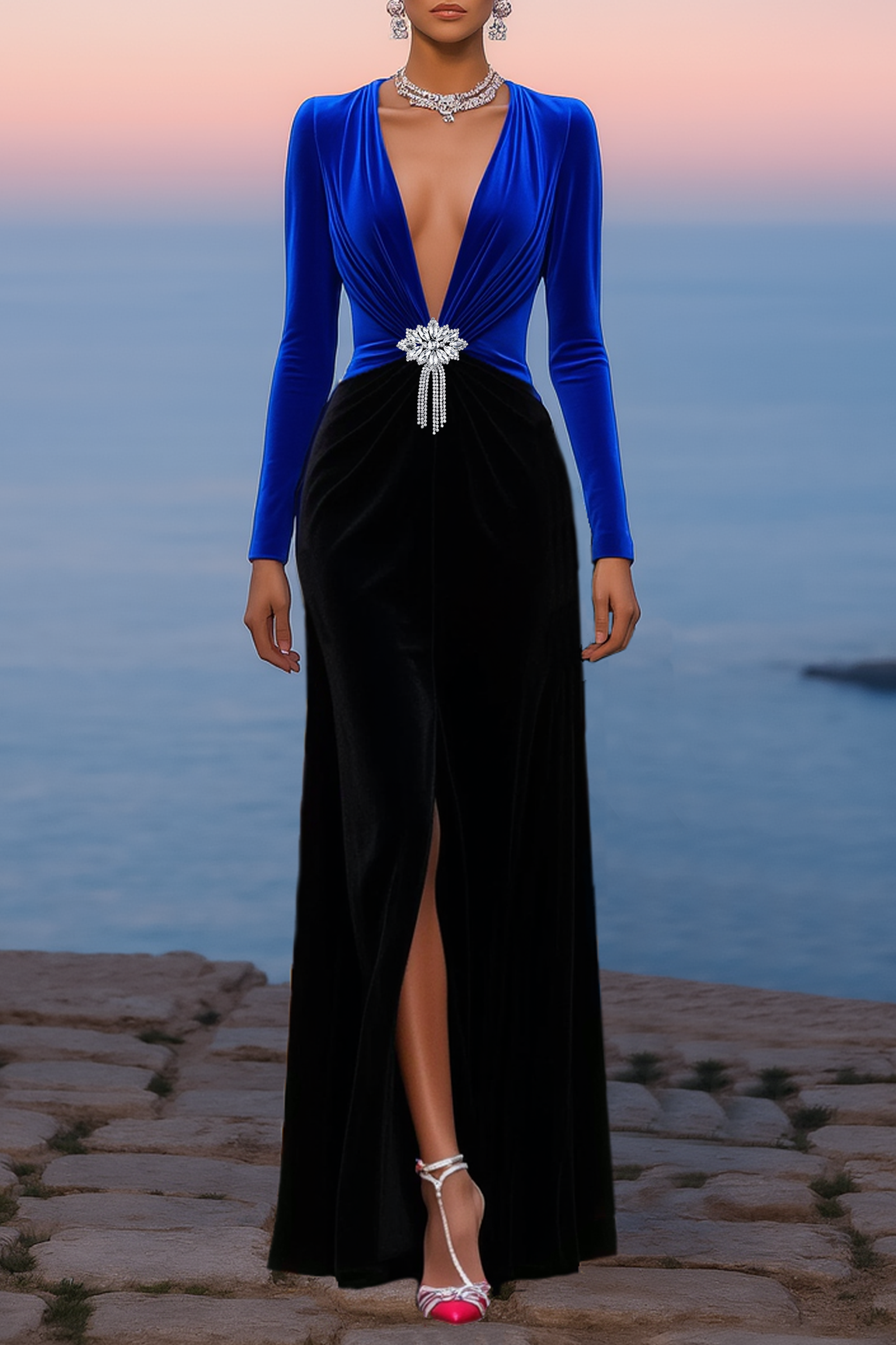 Formal Evening Dress Blue Deep V Slit Maxi Velvet Dress