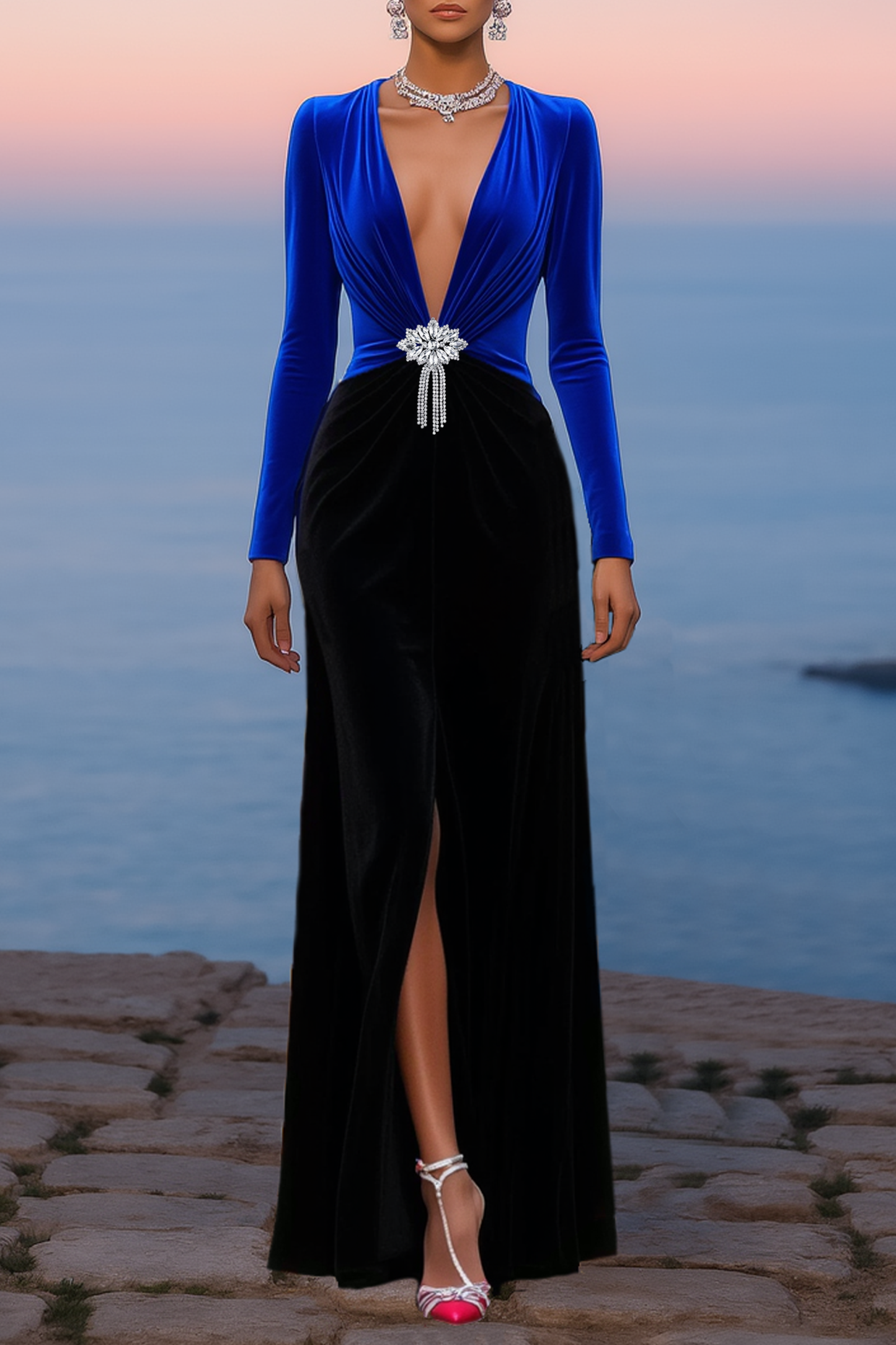 Formal Evening Dress Blue Deep V Slit Maxi Velvet Dress