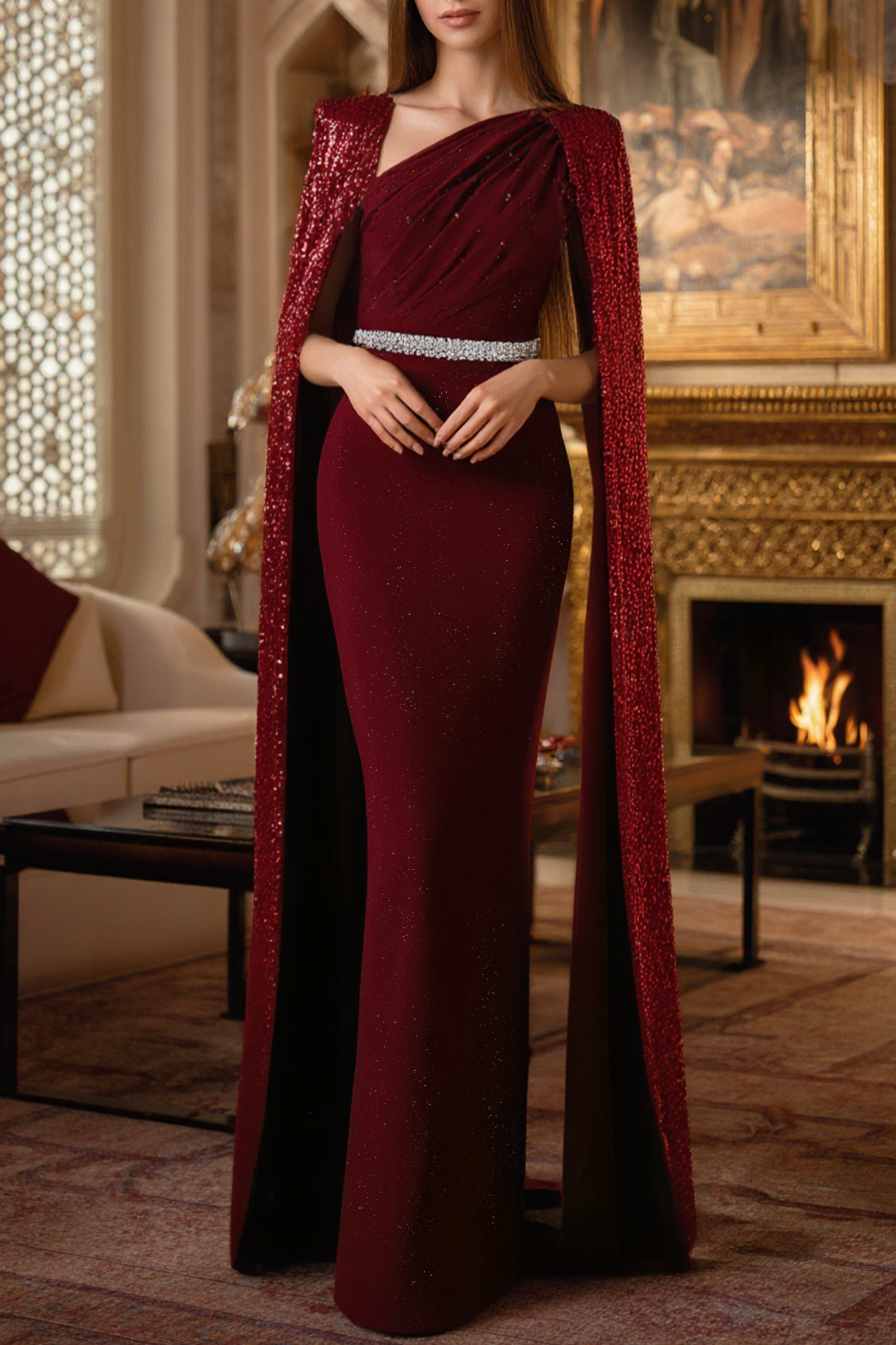 Formal Evening Sequin Dress Belted Burgundy Ombre Maxi Gown