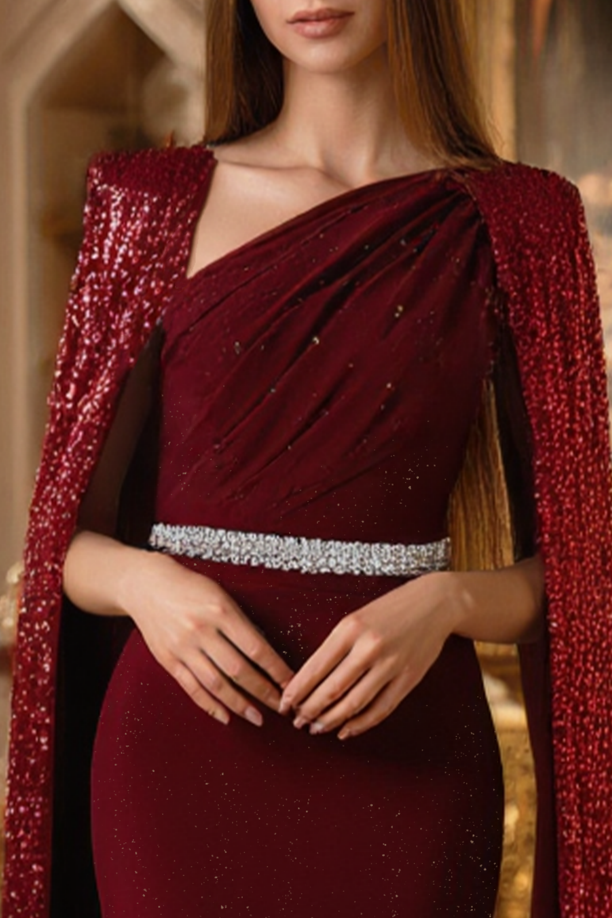 Formal Evening Sequin Dress Belted Burgundy Ombre Maxi Gown