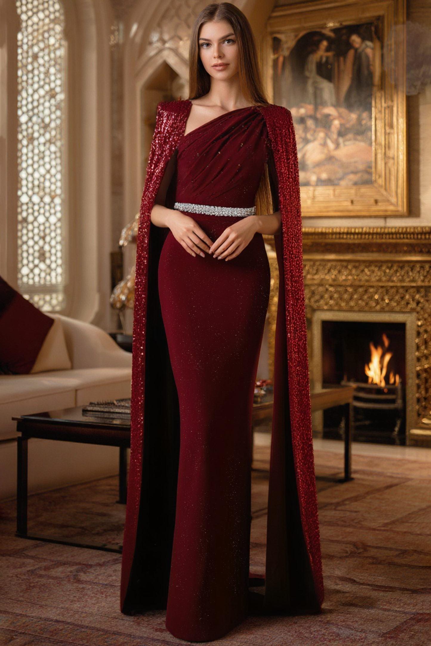 Formal Evening Sequin Dress Belted Burgundy Ombre Maxi Gown