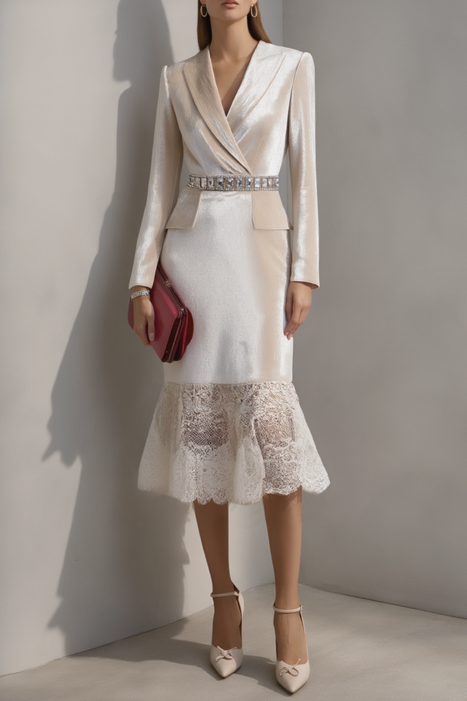​Cocktail Dress​ White Lapel Velvet Lace Midi Dress