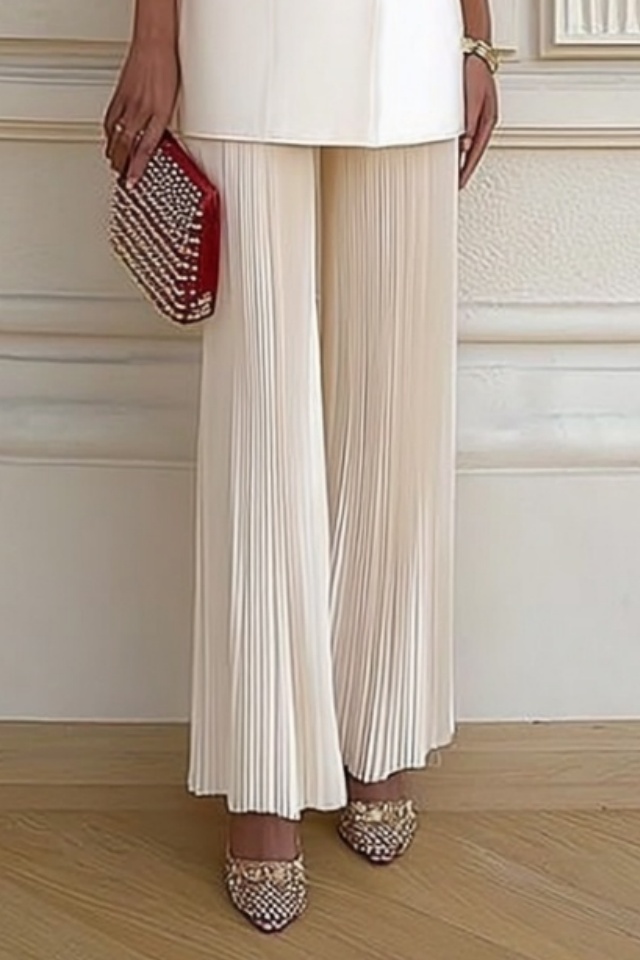 Business Outfit Sets White Crew Neck Wide-Leg Pant