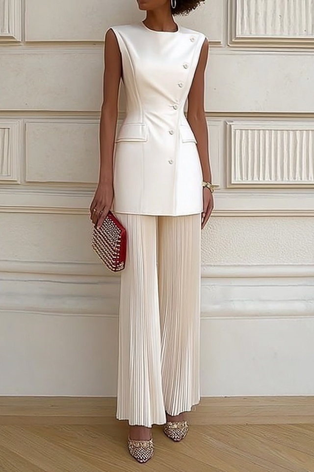 Business Outfit Sets White Crew Neck Wide-Leg Pant