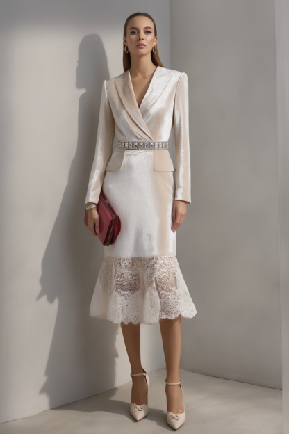 ​Cocktail Dress​ White Lapel Velvet Lace Midi Dress