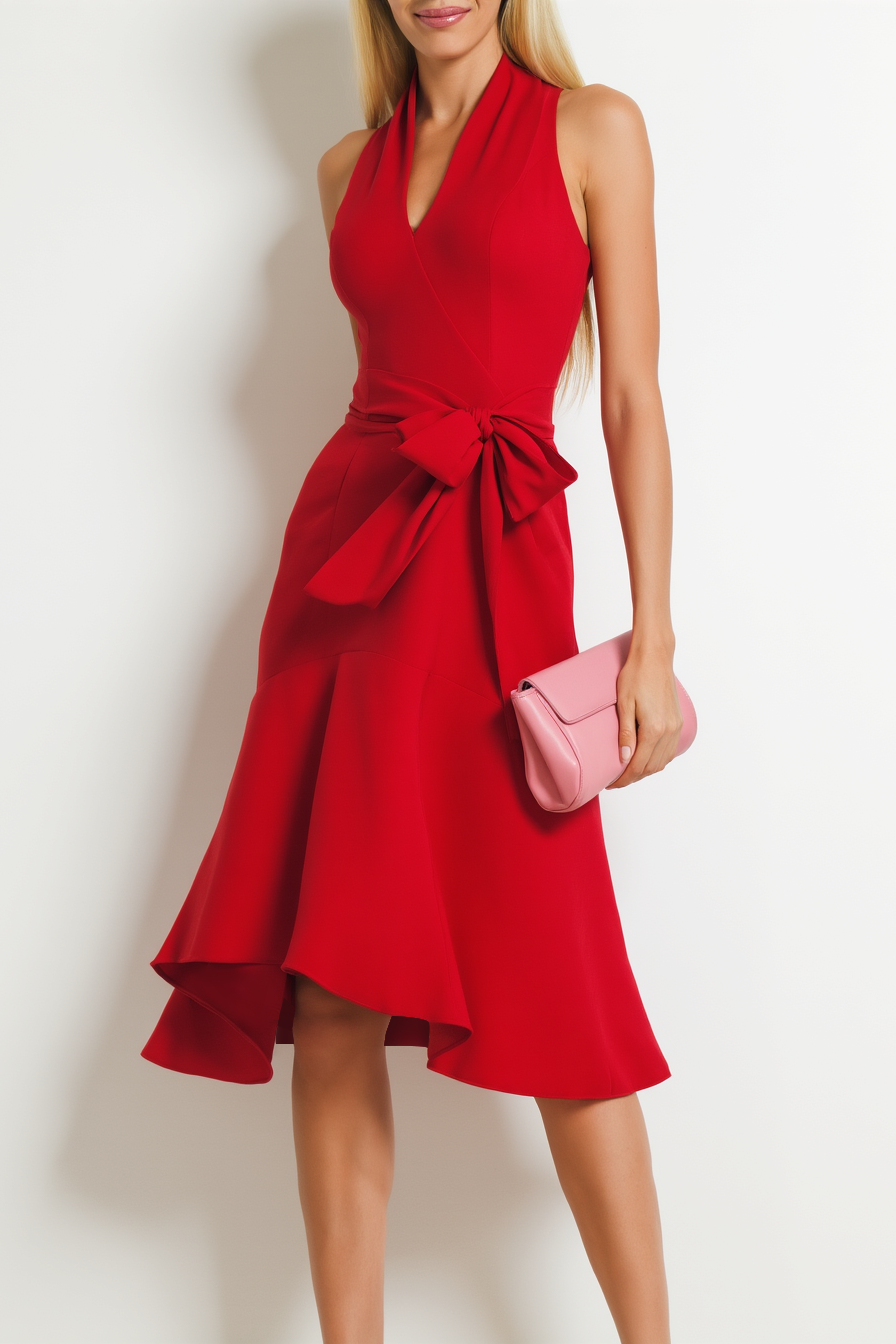 ​Cocktail ​Party ​​Red V Neck Lace Up Knee-Length Dress