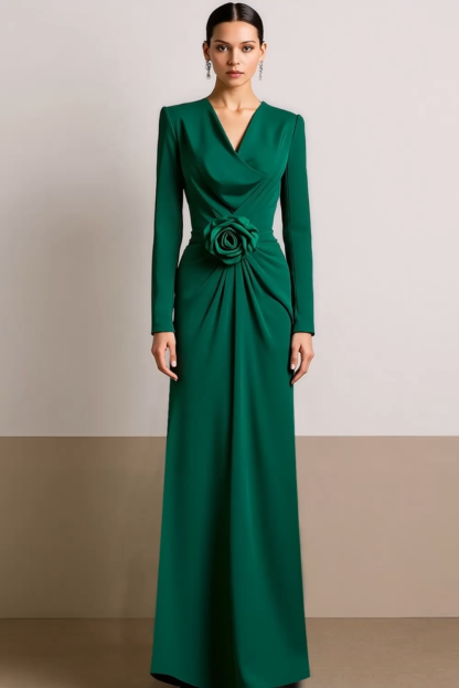 Formal Dress Sheath Green V-Neck 3D Flower Maxi Dress 