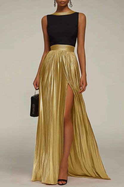 Evening Formal Dress Black Gold Round Neck Sleeveless Pleated Maxi Dress