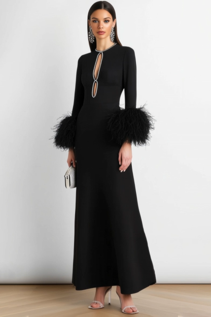 Formal Evening Dress Black Crew Neck Long Sleeve Maxi Dress