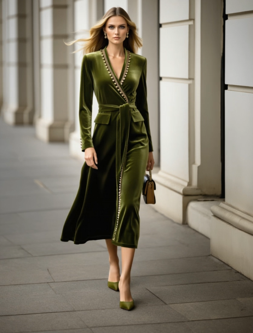 Work Velvet Dress Green V Neck Long Sleeve Midi Dress