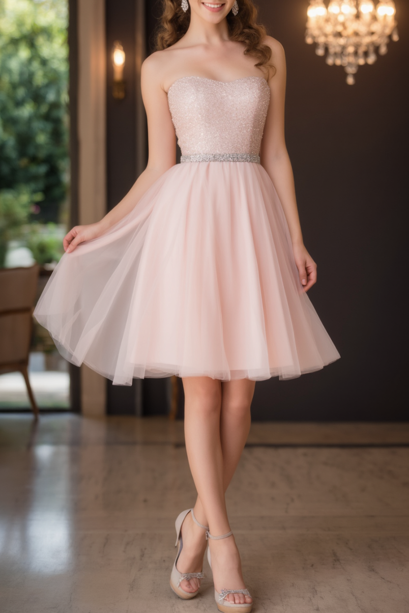 Homecoming​ Party Dress​​ Pink Strapless Sequin Mni Dress