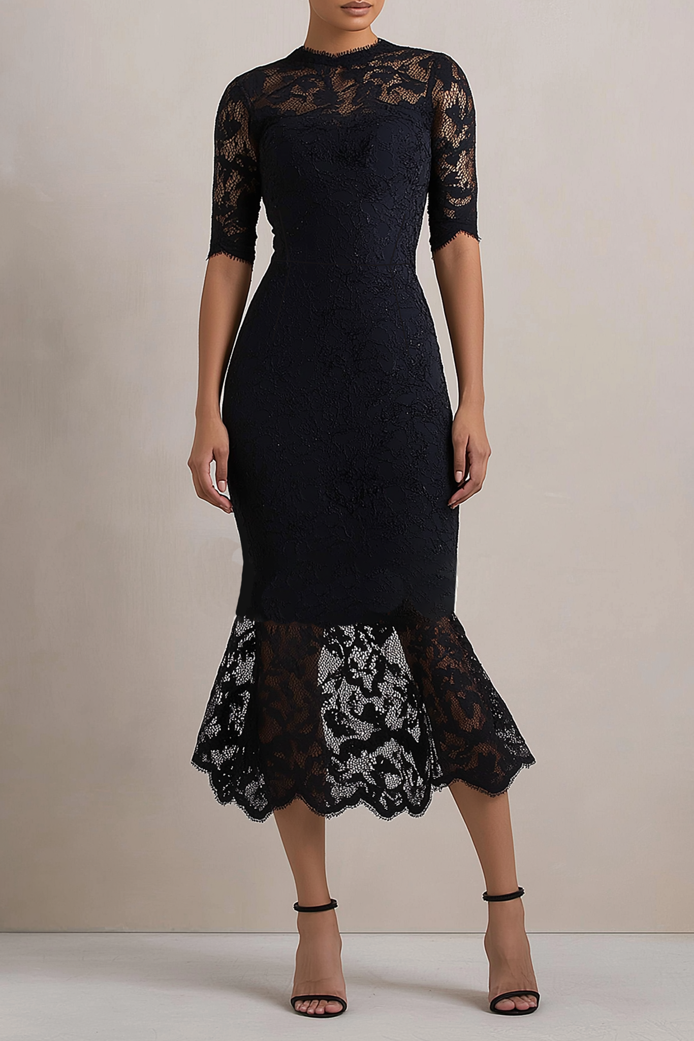 Cocktail Dress Black Crew Neck Midi Lace Dress