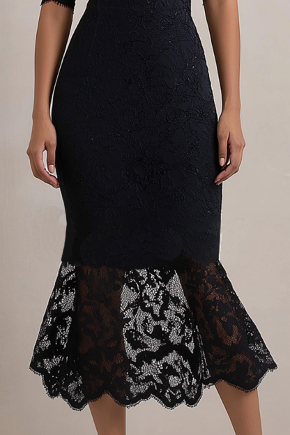 Cocktail Dress Black Crew Neck Midi Lace Dress