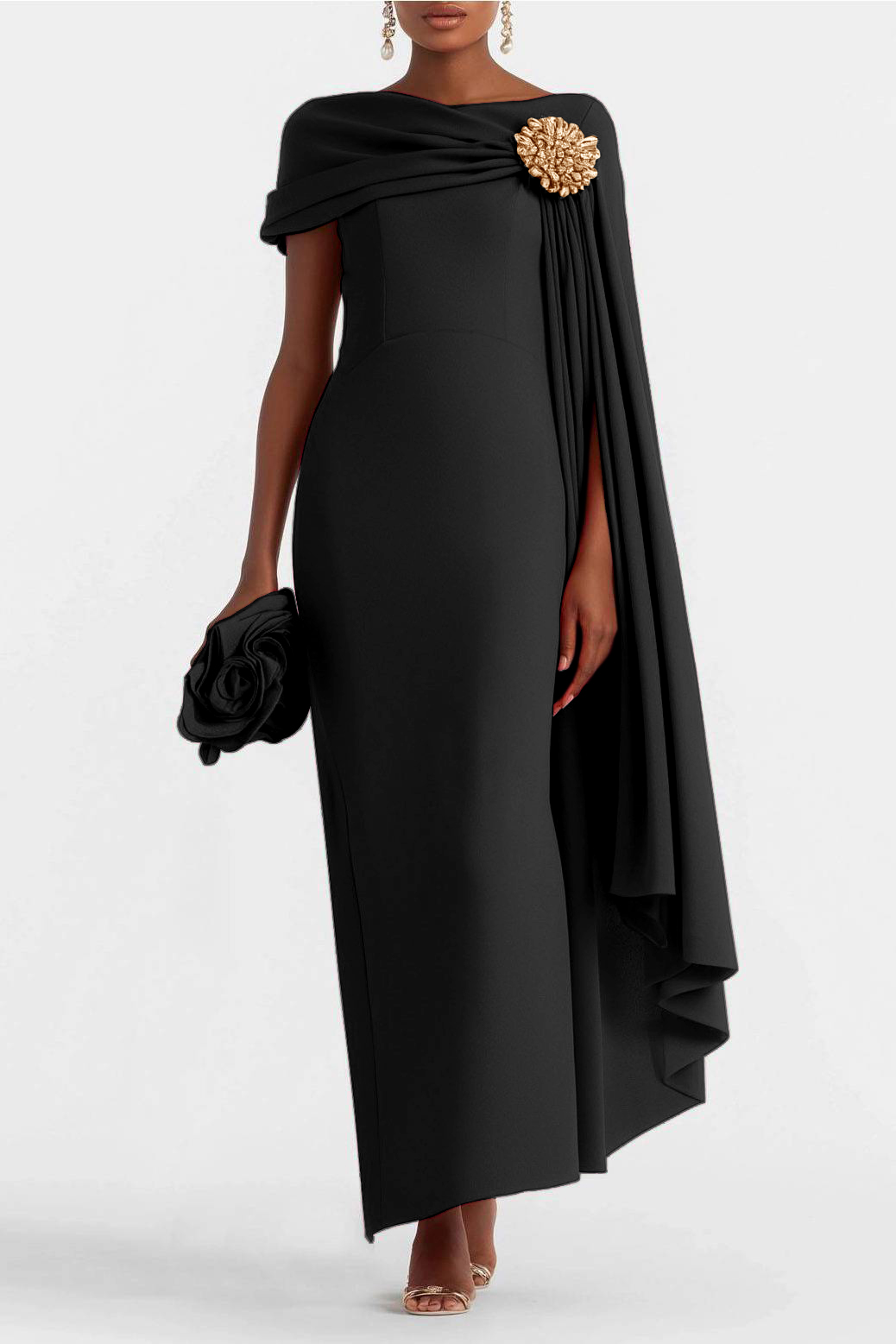 Party Formal Dress Cape Black White Color Block Pearl Boat Neck Maxi D