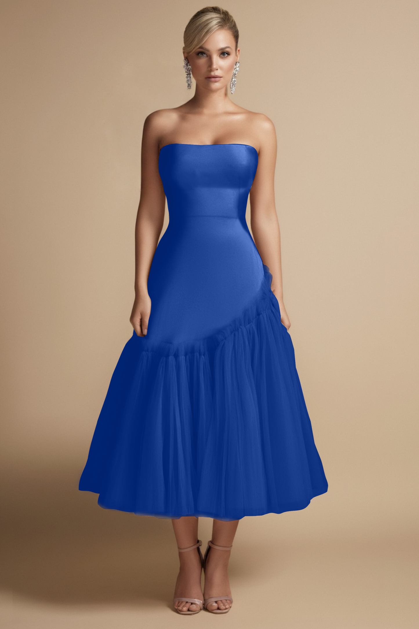 Cocktail Dress Pink Strapless Mesh Midi Dress