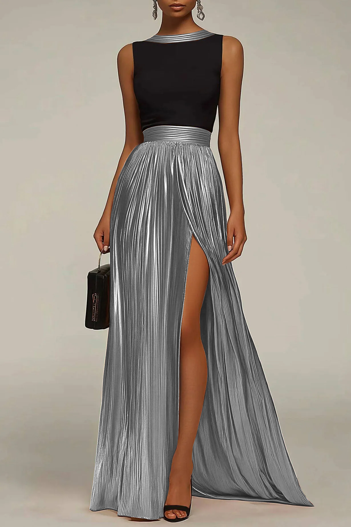 Evening Formal Dress Black Gold Sleeveless Pleated Maxi Dress