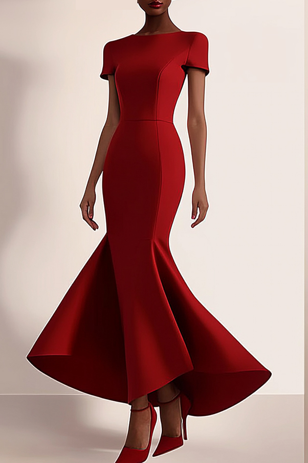 Work Party Formal Crew Neck Slim Fit Red Maxi Dress