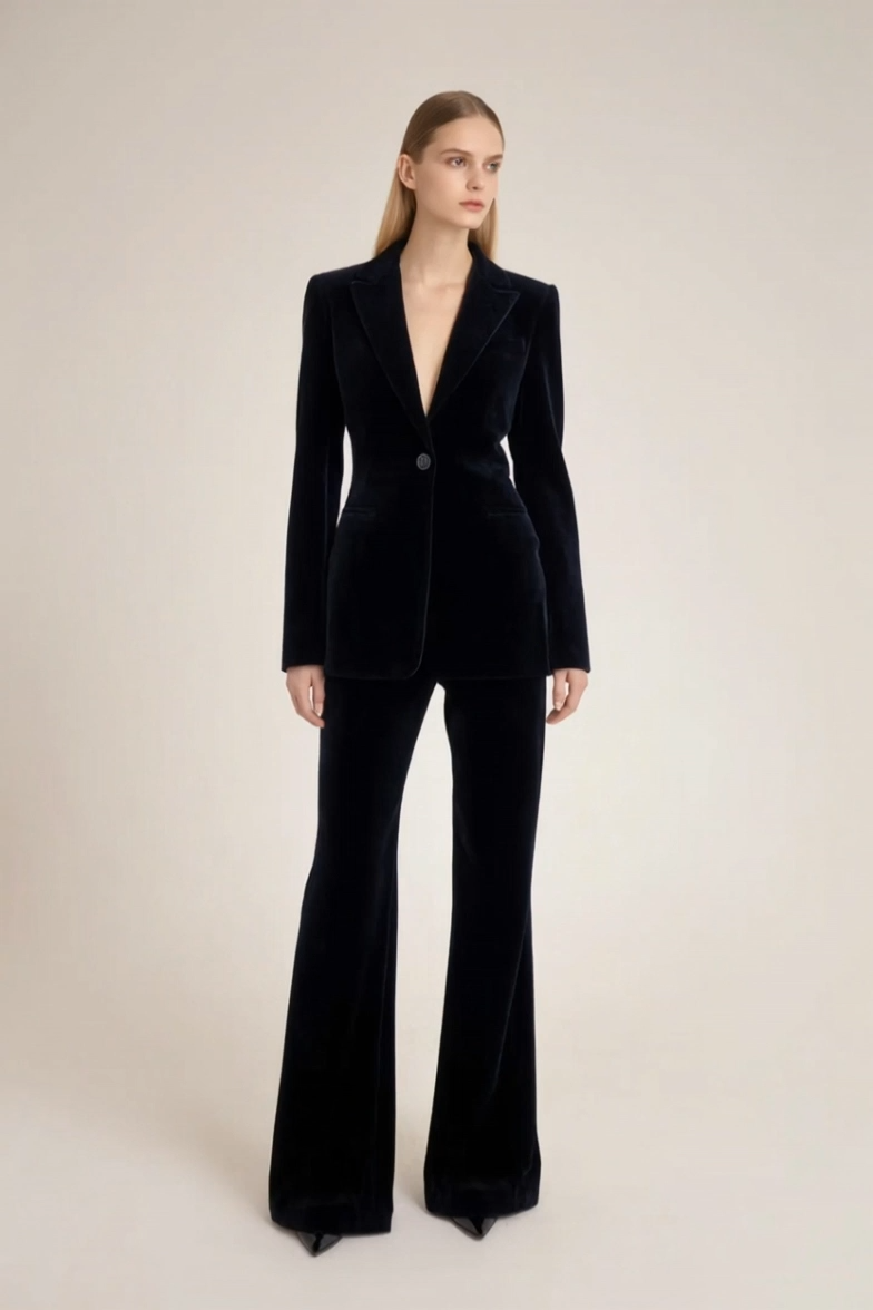 Blazer Suit Sets Black Deep V Velvet Pants Set