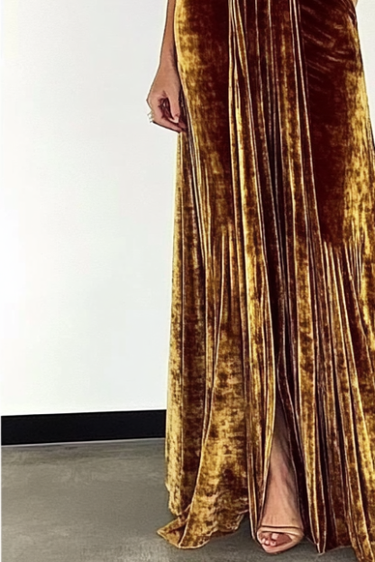 Formal Party Business Work Velvet V Neck Ruffle Maxi Dress