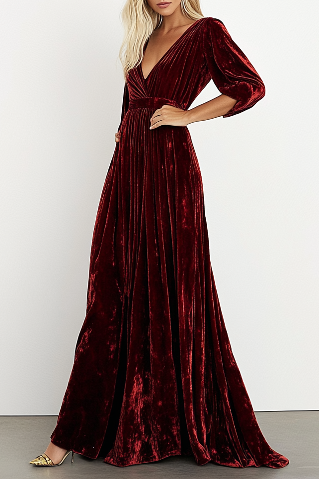 Formal Party Business Work Velvet V Neck Ruffle Maxi Sloping Shoulder 
