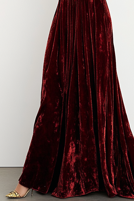 Burgundy Velvet Deep V-Neck Ruffles Dress