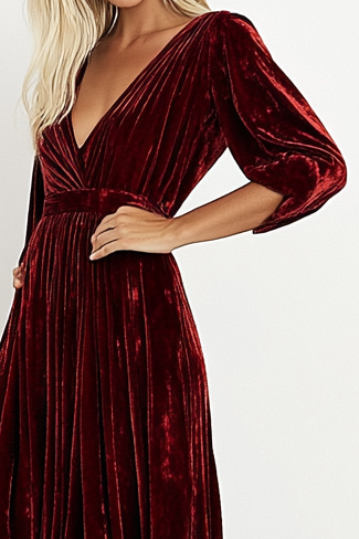 Burgundy Velvet Deep V-Neck Ruffles Dress