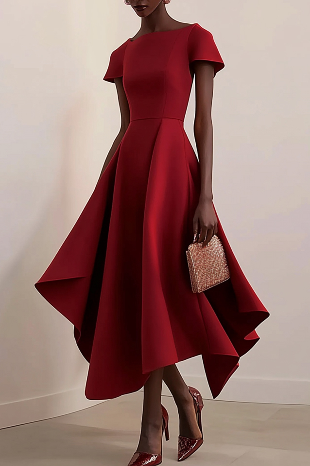 Formal Work Party Wine Boat Neck Irregular Hem Midi Dress 