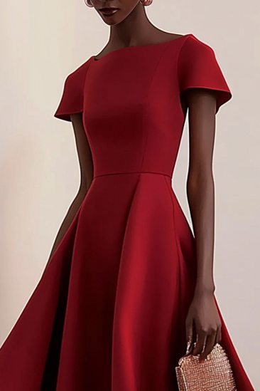 Formal Work Party Red Boat Neck Irregular Hem Midi Dress 
