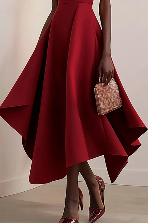 Formal Work Party Red Boat Neck Irregular Hem Midi Dress 