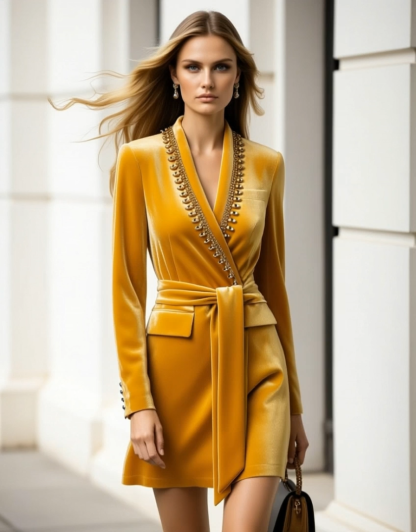 Work Velvet Wrap Dress Yellow V Neck Long Sleeve Mini Dress