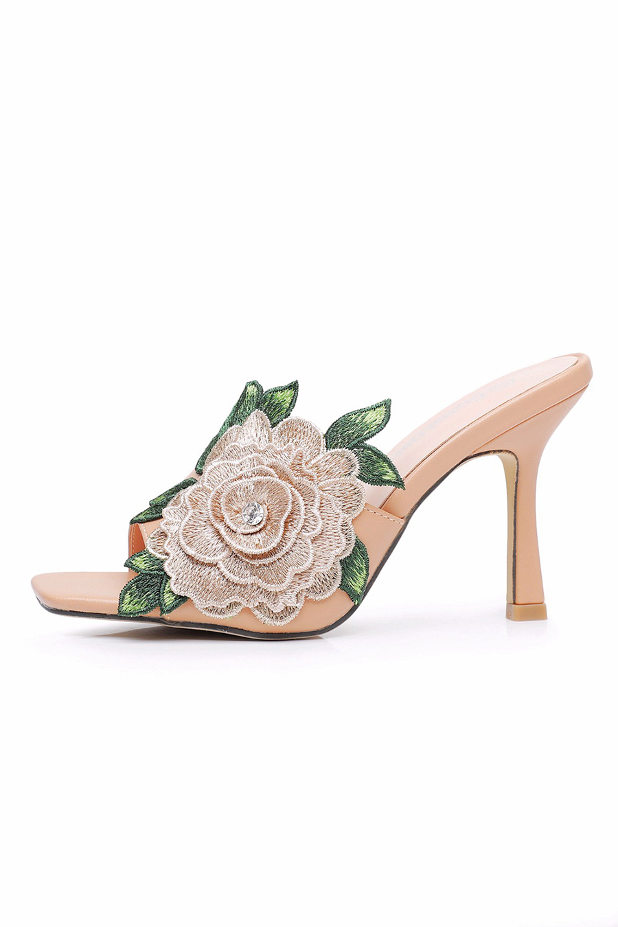 White Square-Toe Mule Heels Rose Flower Leaf Embroidery-chiclody